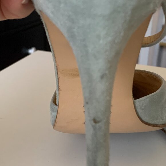 Designer Dove Blue Suede Stiletto T-Strap Heels - Picture 8 of 11